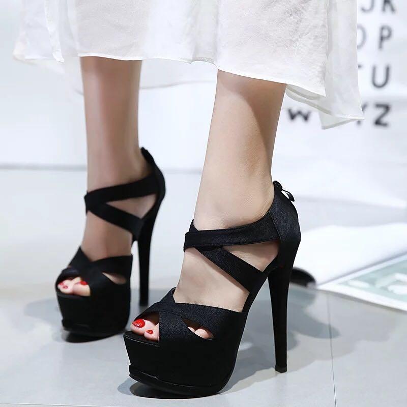 

Dress Shoes 15cm Sandals Female Korean Version Of Wild Fish Mouth Word With High Heels Stiletto Heel 2021 Summer Style, 116-16 black