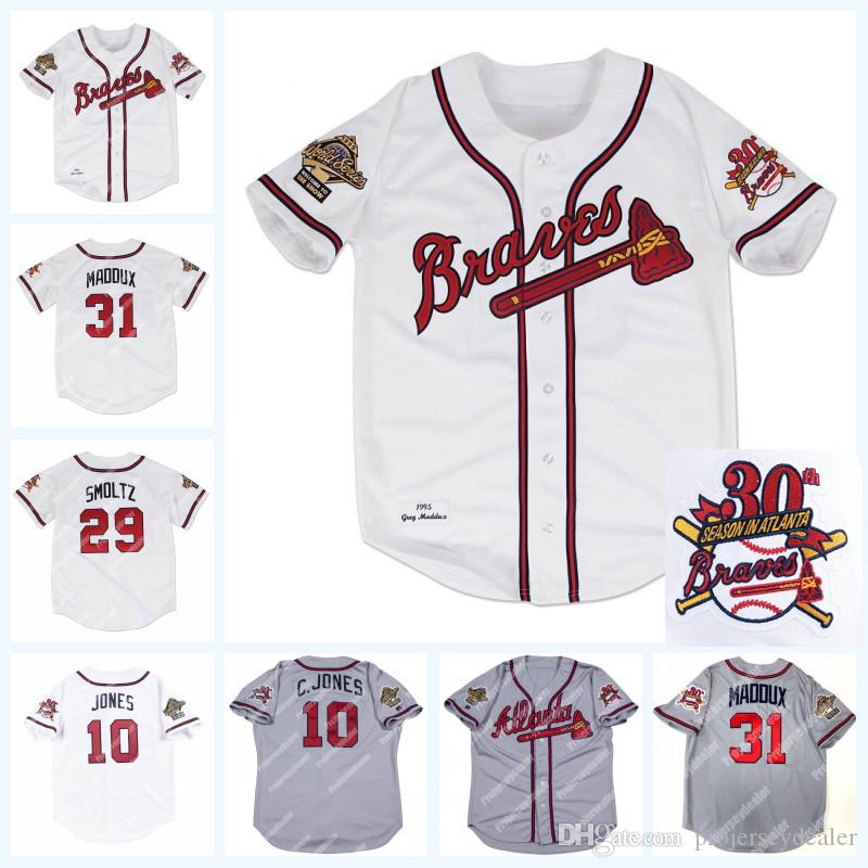 

31 Maddux 1995 Wrold Series 30 Seasons 29 John Smoltz 10 Chipper Jones 20 Mark Lemke 27 Fred McGriff Baseball Jerseys, White womens s-xxl