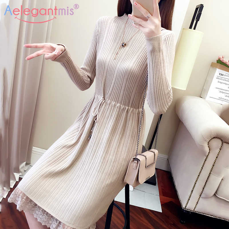 

Aelegantmis Autumn Fashion Knitted Tunic Dress for Women O-neck Long Sleeve Lace Hem Dresses Ladies Elegant Knit Vestidos 210607, Black