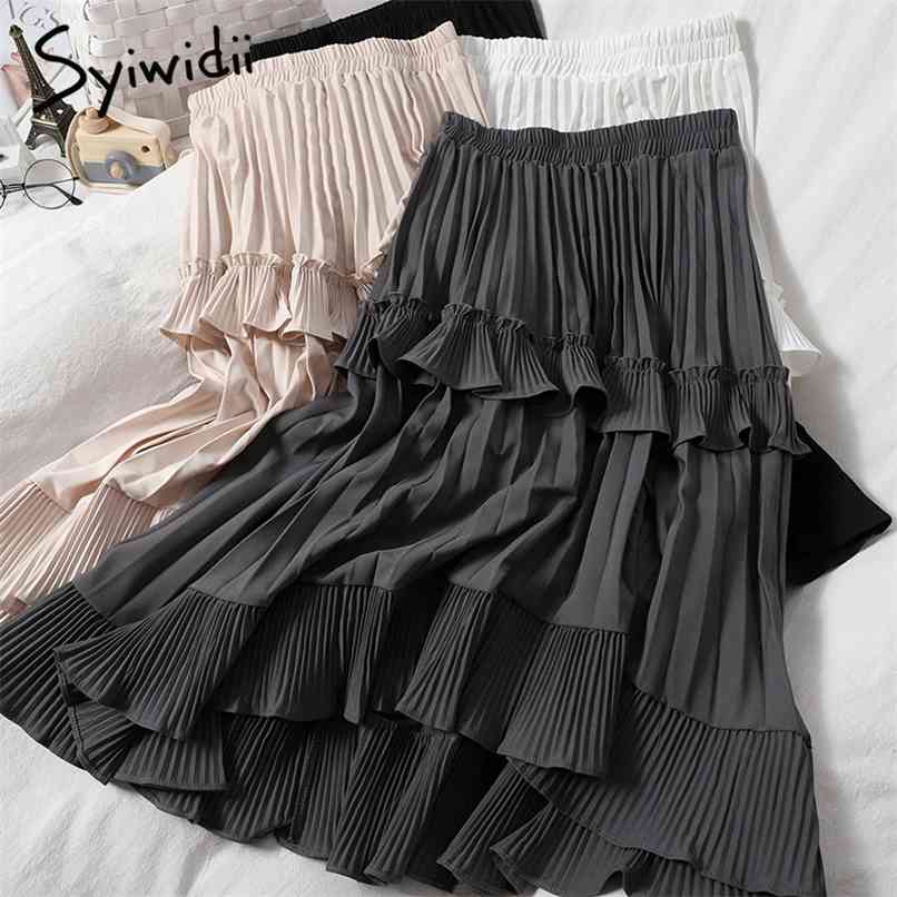 

Long Skirts for Women Elastic High Waist Ruffles Spliced Spring Summer Fashion Black White Cake Skirt Casual 210607