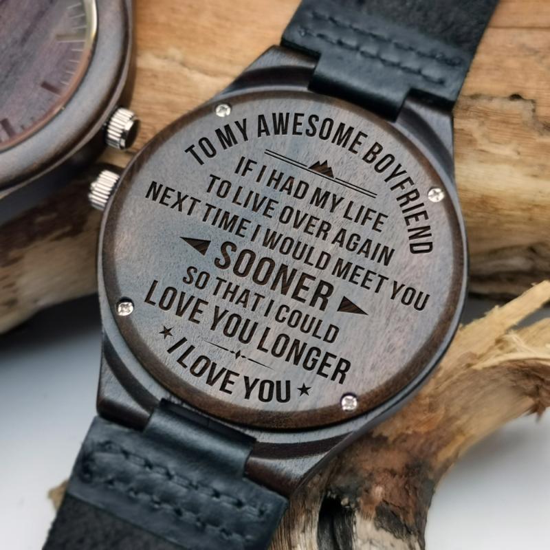 

To My Boyfriend-Engraved Wooden Watch Luxury Men Watches Birthday Holiday Anniversary Military Gifts For Him Ebony Wrist Wristwatches, Slivery;brown