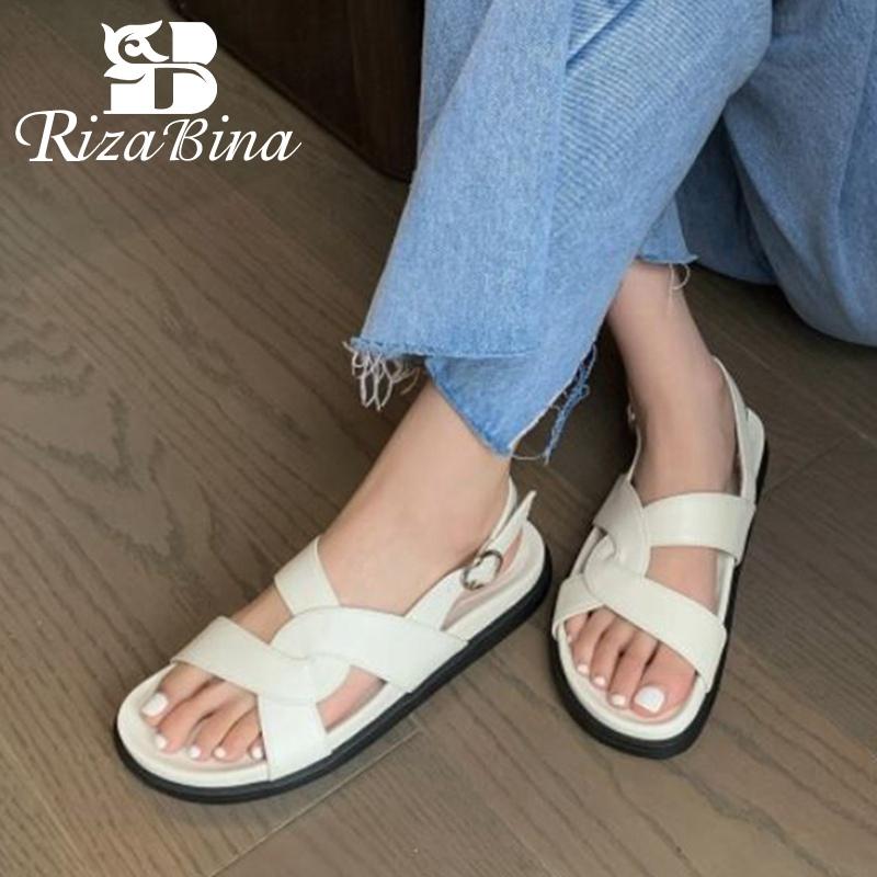 

Sandals RIZABINA Genuine Leather Shoes Buckle Strap Solid Color Casual Gladiator Daily Summer Female Footwear Size 34-40, Black