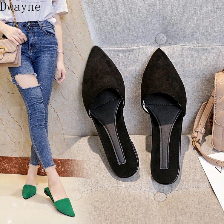 

Slippers 2021 Baotou Flat-bottomed Pointed Suede Versatile Skinny Wear Women, Black