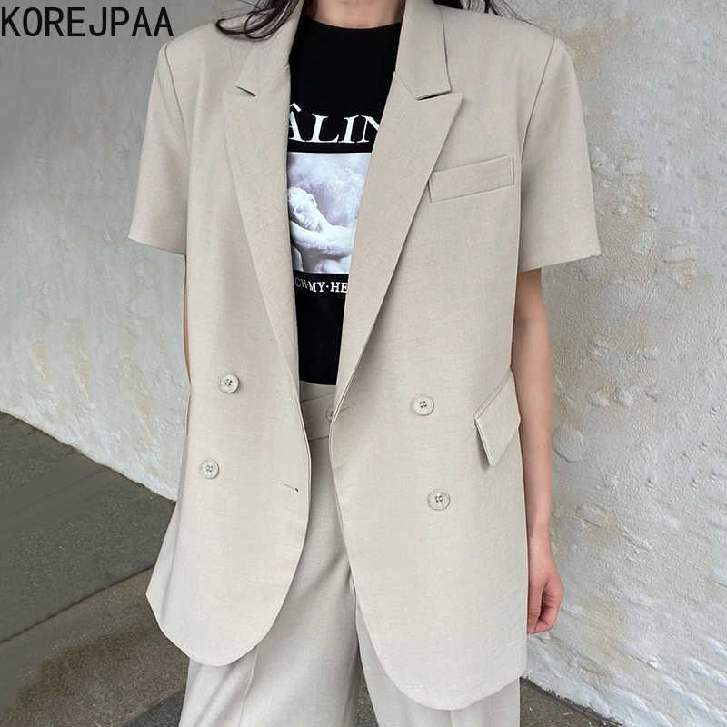 

Korejpaa Women Pant Sets Korea Chic Temperament Lapel Double-breasted Blazer and High Waist Casual Straight Trousers Suit 210526, Green pants