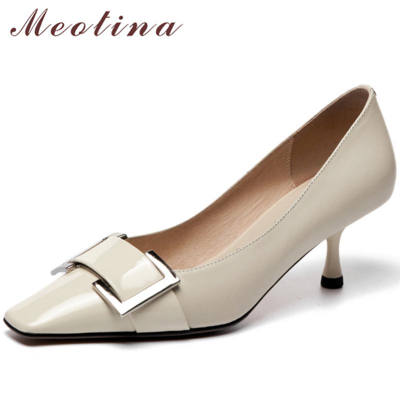 

Meotina High Heels Natural Genuine Leather Women Shoes Buckle Stiletto Heel Pumps Square Toe Office Ladies Footwear Spring Beige Dress, Black