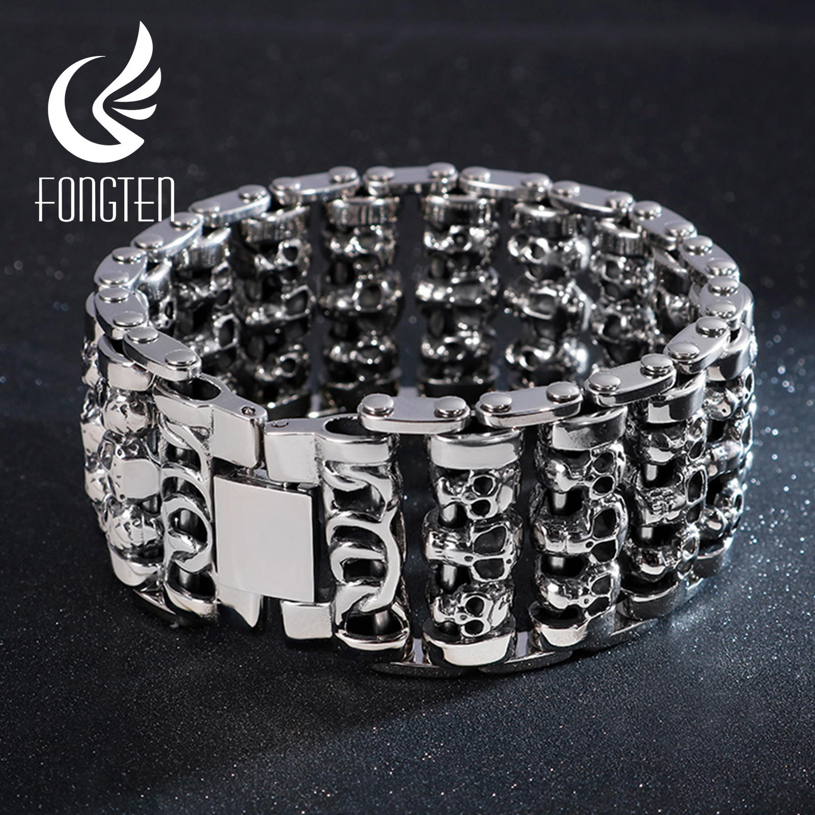 

Fongten Wholesale Wide Skull Stainless Steel Bracelets Men Metal Biker Viking Charm Large Argent Men Bracelet bangle Jewelry