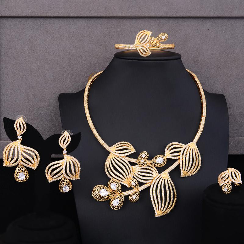 

Earrings & Necklace Blachette Gorgeous Hollow Big Flower Leaf 4PCS For Women Wedding Banquet Anniversary Cubic Zircon CZ Dubai Bridal Jewelr, Silver