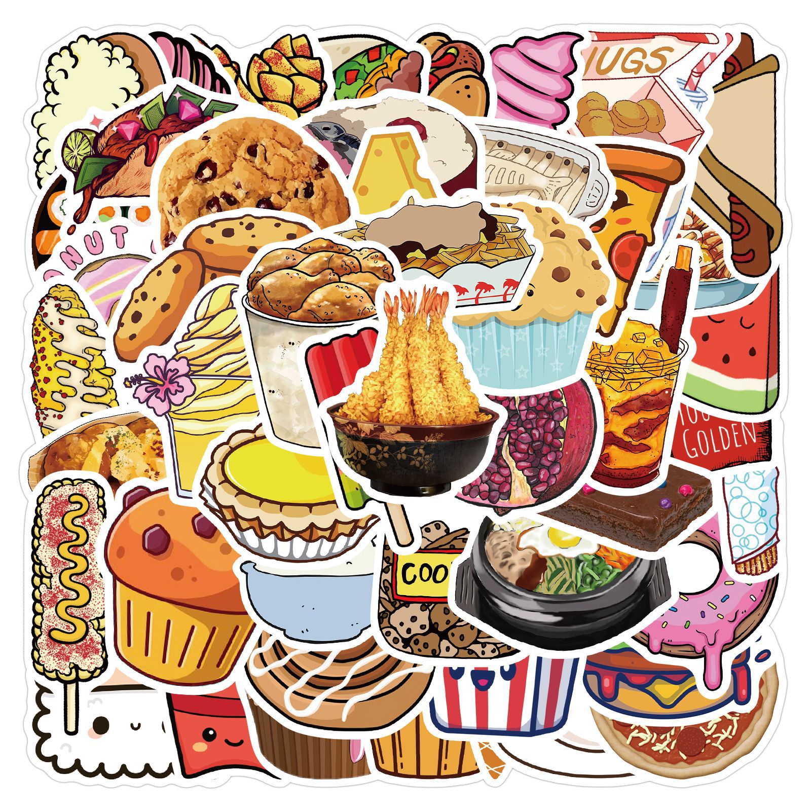 

50 PCS Mixed Cute food set Graffiti skateboard Stickers For Car Laptop Fridge Helmet Pad Bicycle Bike Motorcycle PS4 book Guitar Pvc Decal, Multi colors