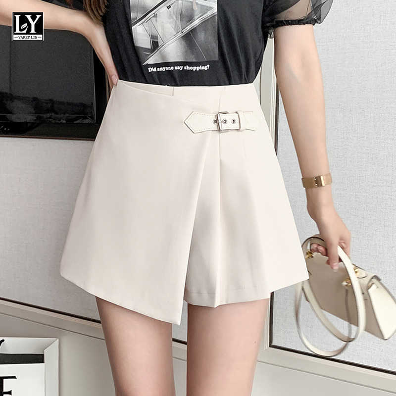 

LY VAREY LIN Spring Summer Casual Female Asymmetrical Loose Black Lady Shorts Women High Waist Wide Leg Ruffles Short 210526, Pink