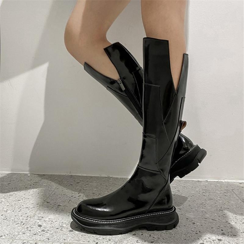 

Boots PXELENA Luxury Cool Women Genuine Leather Riding Knight Motorcycle Knee High Chunky Platform Fall Winter Shoes 2021 Lady, Short autumn