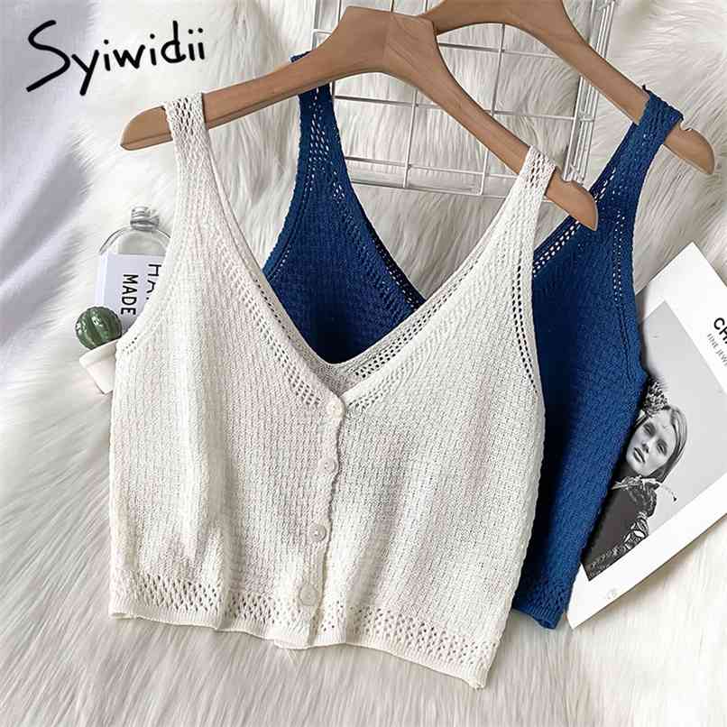 

Tank Tops for Women Clothes Fashion Knitted Spandex Solid Casual White Blue Summer Cami Spaghetti Strap Crop Top 210607