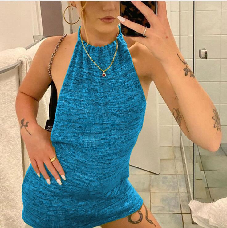 

2021 Halter Sexy Backless Mini Dresses 6 colors Bodycon Skinny Club Party Sleeveless Knitted Dress Fall Streetwear Beach Holiday 051907, Blue