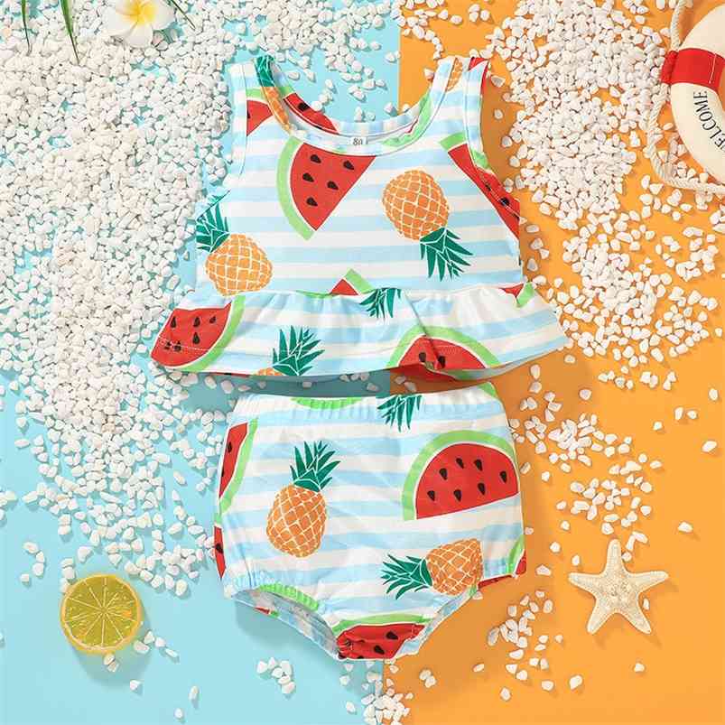 

Summer Children Sets Casual Sleeveless O Neck Tops Print Bikini Shorts 2Pcs Girl Boys Clothes 1-6T 210629, Leaf