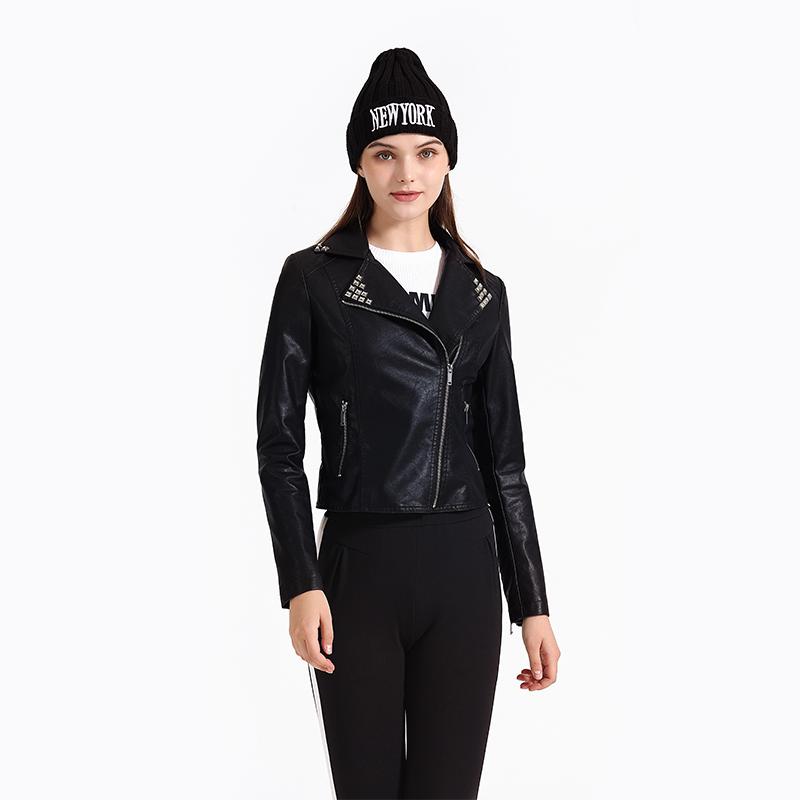 

Women's Leather & Faux SANTELON PU Jackets Coats For Women With Fashion Solid Moto Biker Style Slim Turn-down Collar Streetwear Rivet, Black