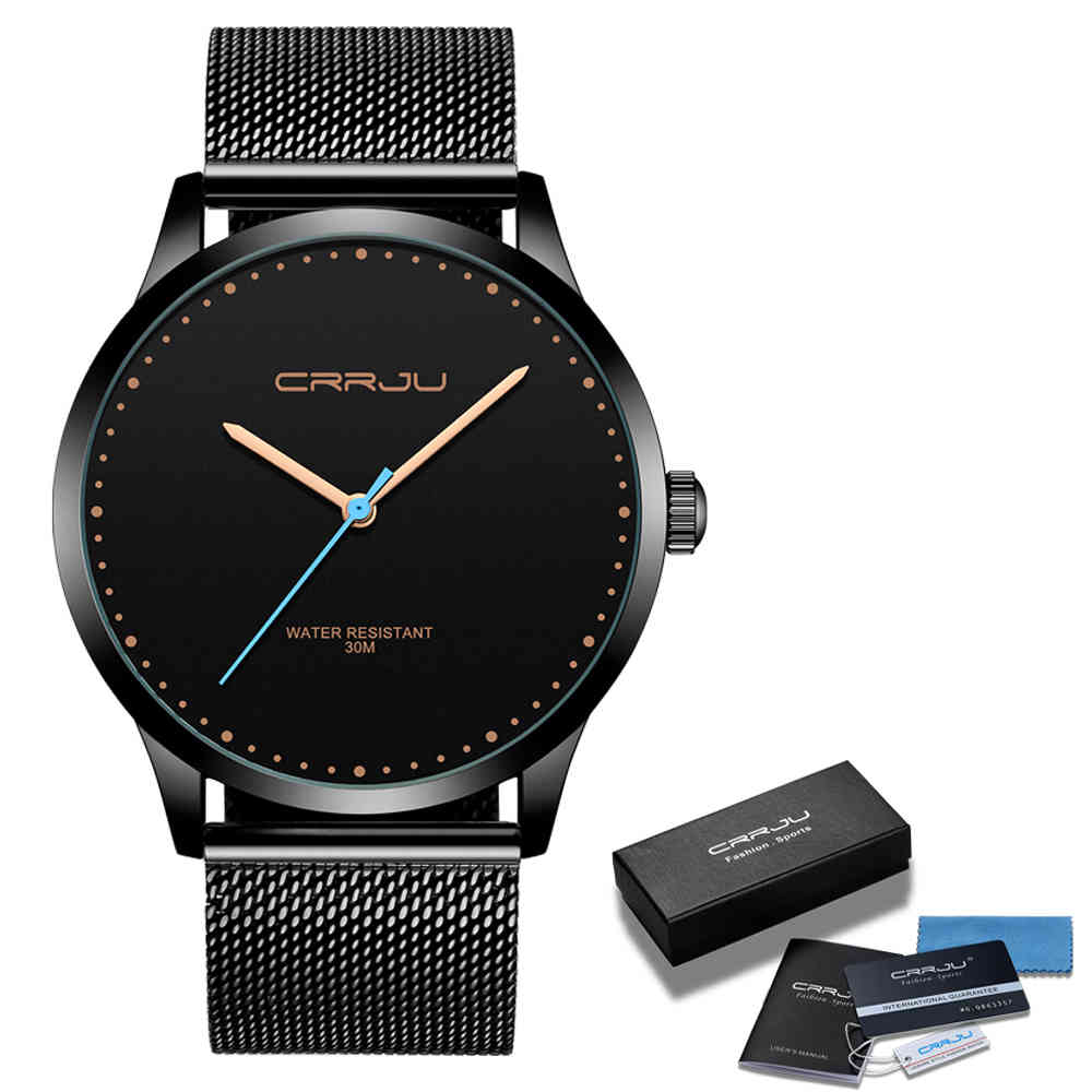 

Watch for Men CRRJU Black Big Dial Casual Quartz Watches Unique Sport Watches Mesh Belt Waterproof Watch Relogio Masculino 210517, Black black