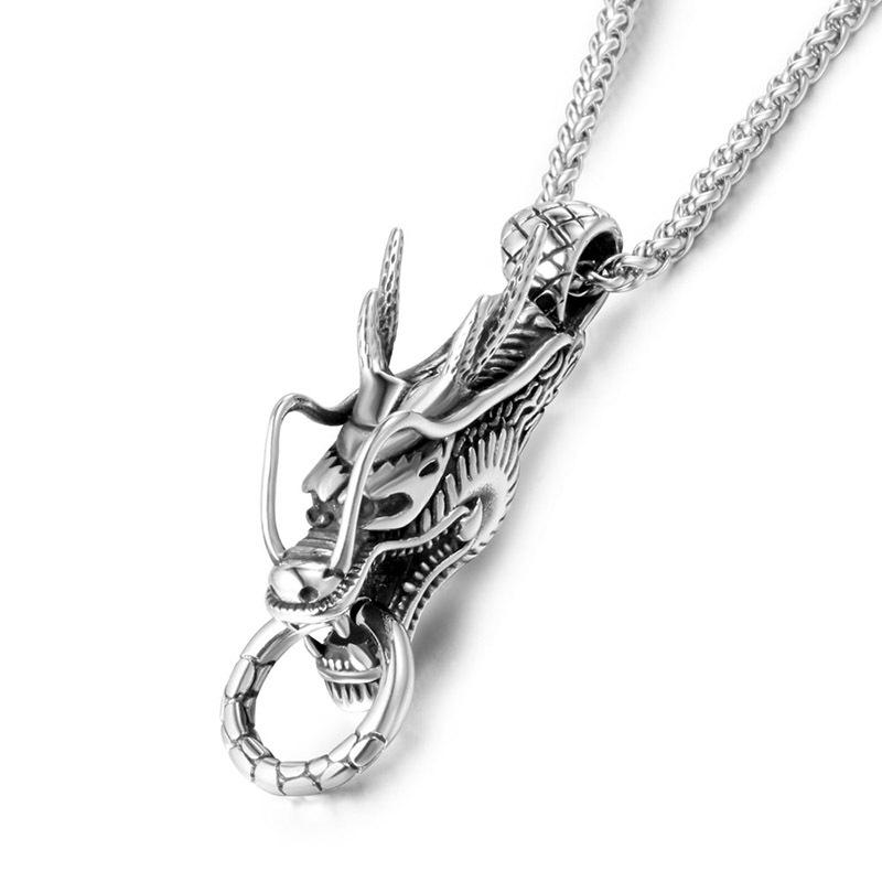 

Hemiston Vintage Chinese Dragon Pendant Titanium Steel Men's Faucet Necklace For Men Gift Chains, Silver