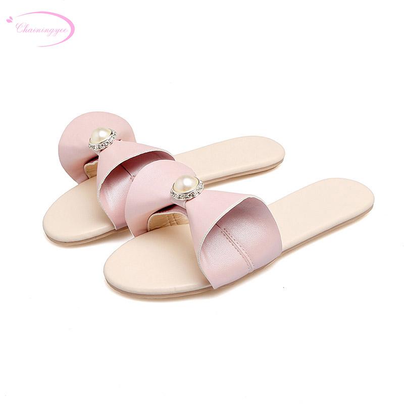 

Chainingyee Sweet Style Comfortable Summer Slippers Fashion Beading Bowknot Slip-on Pink Black White Flat With Women's Shoes