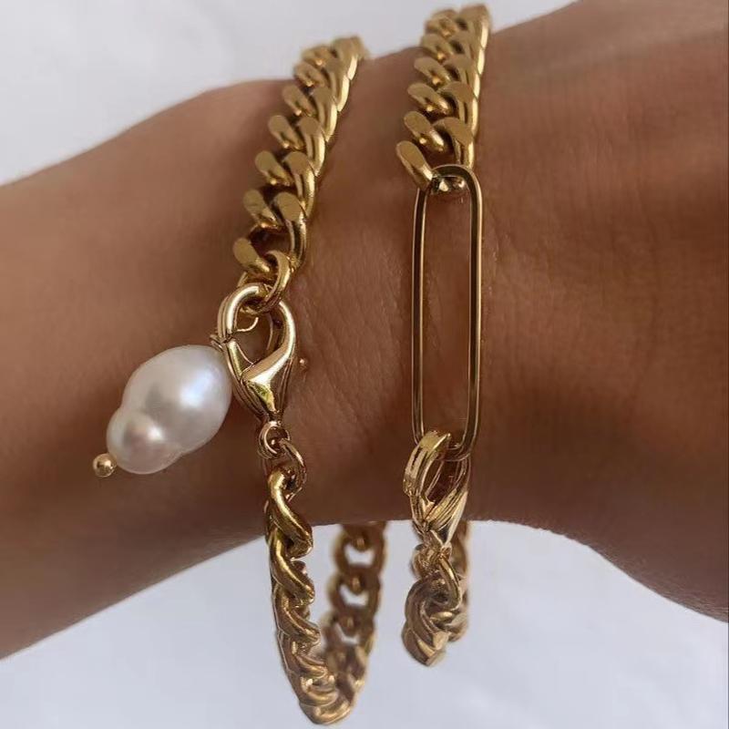 

Link, Chain Fashion Trend Men's And Women's Bracelets Gold Stainless Steel Charm Natural Pearl Pendant Exquisite Accessories Jewelry