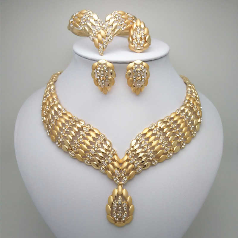 

Kingdom Ma Fashion African Dubai Gold Jewelry Women African Beads Set Nigerian Bridal Jewelry Sets Wedding Accessories 210619, Gold-color