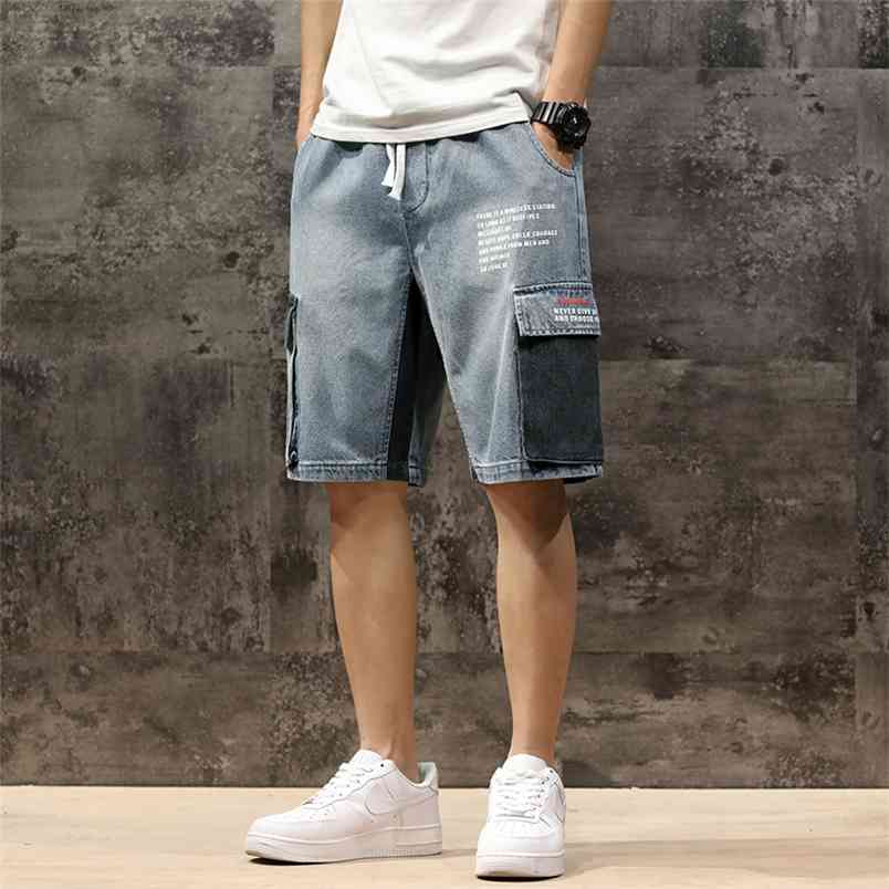 

Men Denim Shorts Streetwear Elastic Waist Breeches Bermuda Male Big Pocket Casual Half Jean Summer Fashion Cargo 210629, 19 blue