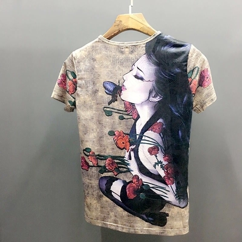 

male goddess tattoo Trendy slim print short t-shirt men's shirt summer personality social half sleeve T-shirt