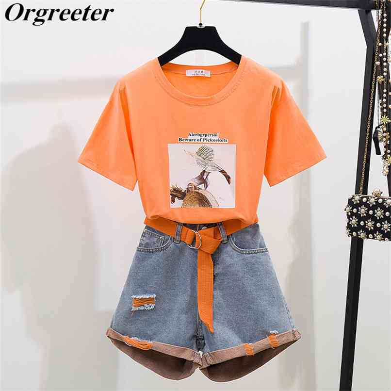 

Casual Tracksuits Women Fashion Head portrait Appliques Tshirt and Color ripped Denim Shorts Two Piece Set High street Outfits 210602, Green tshirt
