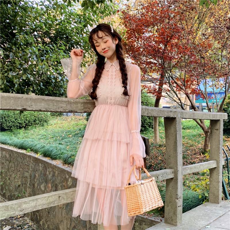 

Casual Dresses Japan Style Sweet Spring Women' Mesh Stitching Cute Lolita Dress + Strap Two-piece Suit, Pink