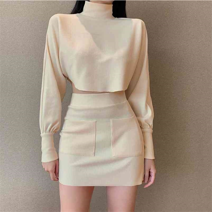 

Paris Girl Autumn Turtleneck Pullovers Short Skirt 2-Piece Sets Women Fashion Solid Casual Long Sleeve Crop Top and Suit 210524, Khaki