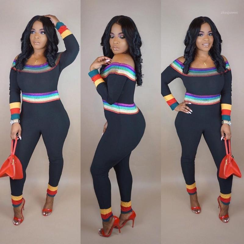 

Women' Jumpsuits & Rompers Summer 2021, Stylish Rainbow Stripe, Off-the-shoulder, Long-sleeve, Jumpsuit, Black