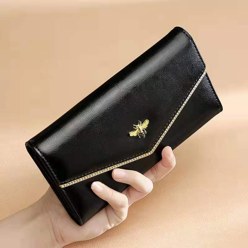 

High quality Genuine cow leather bee women designer wallets lady long style fashion casual phone clutchs female zero card purses no9, Black