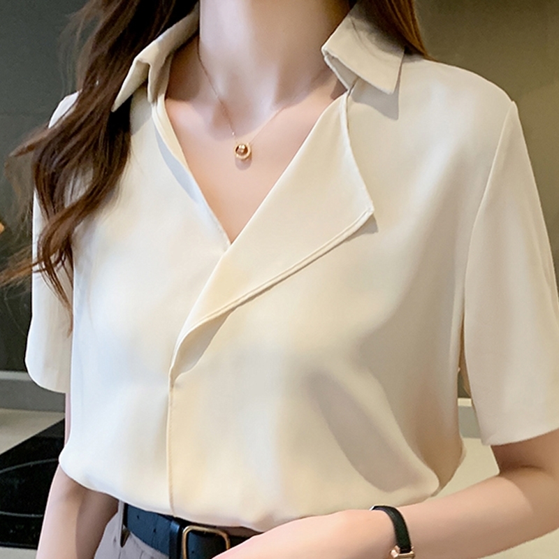 

Blusas Blouses Top Femme Short Sleeve Chiffon Blouse Shirt Tops Women Blusas Mujer De Moda Verano V-Neck Blouse Women E795 210602, Apricot