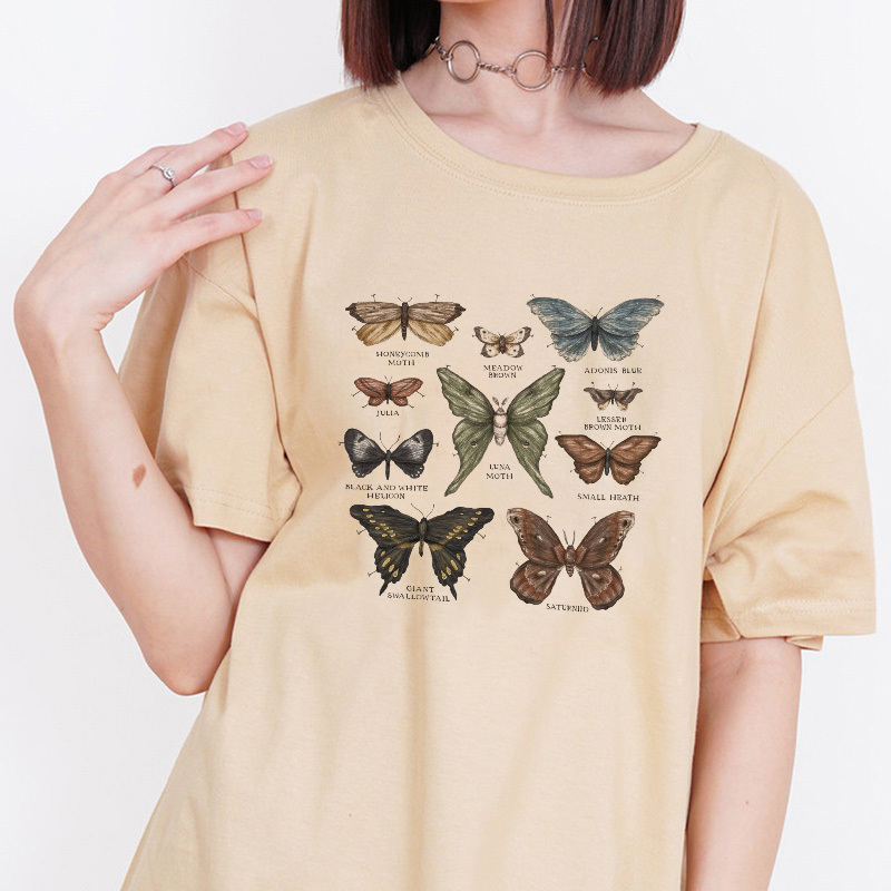 

Aesthetic Butterfly Graphic And Letter Printing Egirl Women Tee Summer O-neck Grunge Style Vintage Oversized T Shirt Tops Y2K 210518, Khaki tee