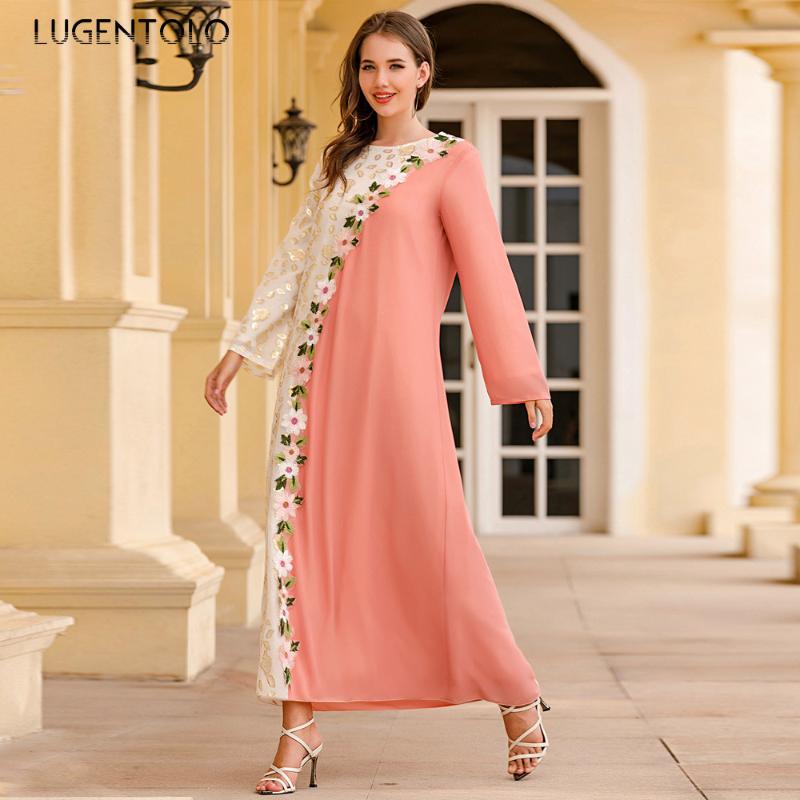 

Casual Dresses Lugentolo Women Elegant Dress Gold-Woven Color Matching Embroidered Fashion Muslim Maxi Lady Comfortable, Kumquat pink