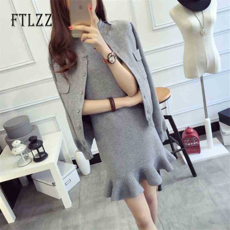 

Ladies Knitted Two Piece Set Spring Autumn Sleeveless Dress + Short Jacket Sweater Suits Women Tracksuit Outfit Sets 210525