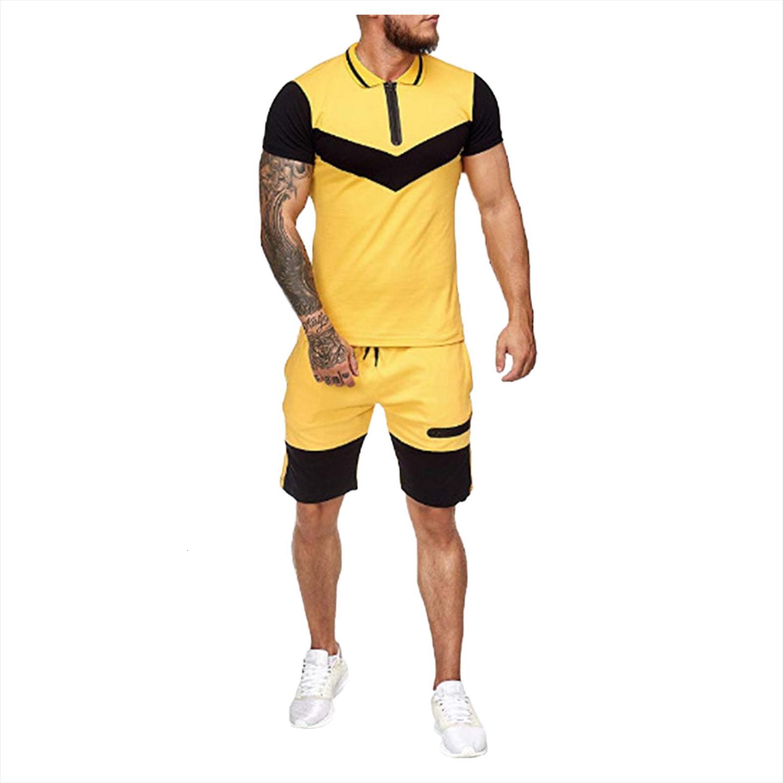 

track suit short sleeve lapel mens tracksuit t shirt shorts casual two sportswear fitness clothes set summer, Gray