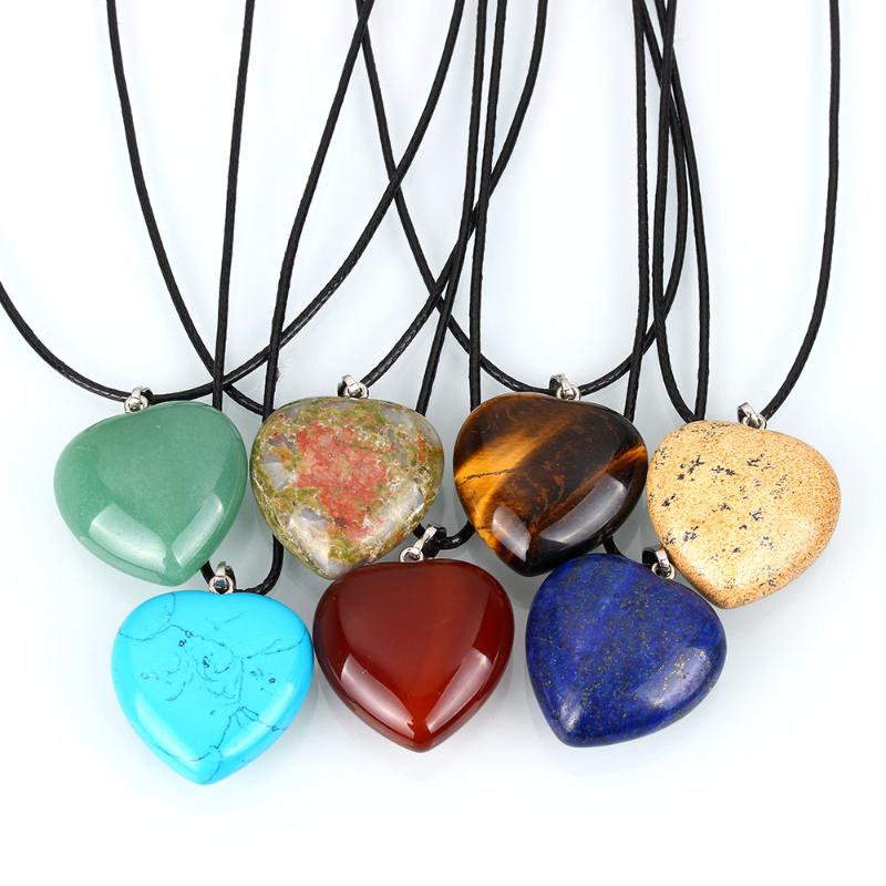 

Pendant Necklaces YYW Natural Real Stone Charm Leather Cord Choker Necklace Heart Pink Quartz Opal Pendent