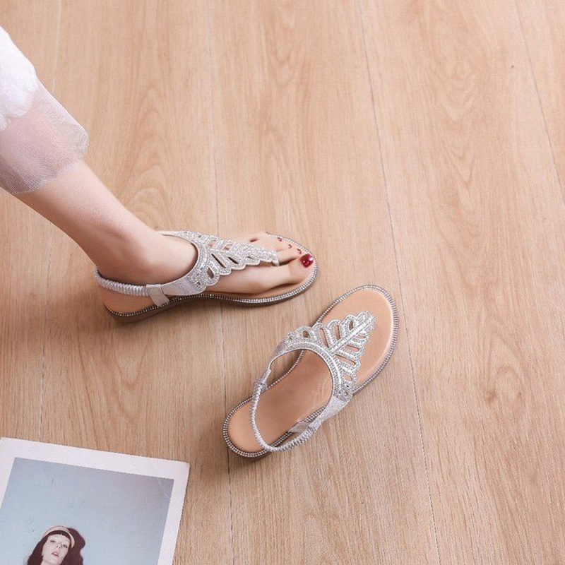 

Ladies Shoes Sandals Women Summer Flat With Female Style Leaf Rhinestone Beaded Flip Flops Bohemian, Black