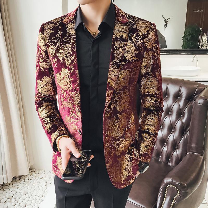 

Men's Suits & Blazers 2021 Red Print Embroidered Blazer Dress Business Suit Casual Slim Two Buckle Party Wedding Jacket