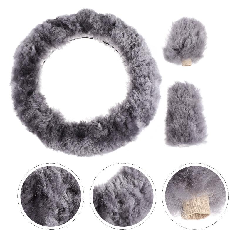 

Steering Wheel Covers 3pcs Universal Cover Fluffy Handbrake Gear (Grey)