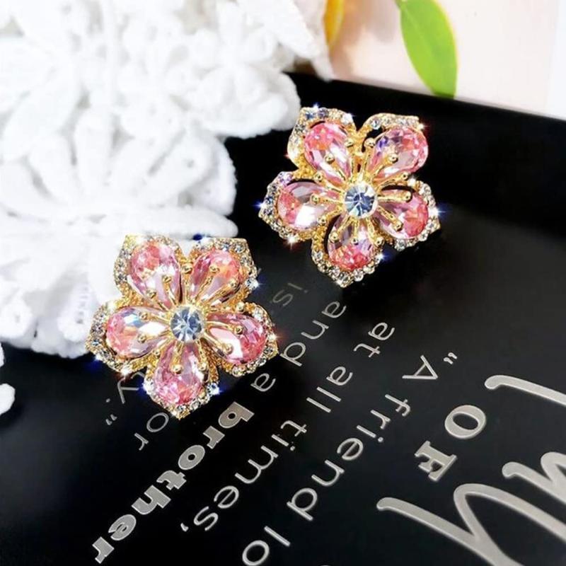 

Stud Blooming Crystal Pink Flower Earrings For Women Girls Zircon 3D Valentine's Day Ear Jewelry Gifts, Golden;silver