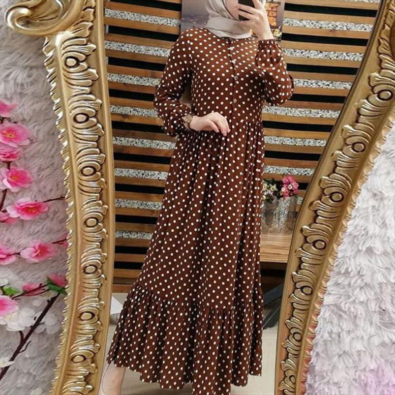 

muslim lantern sleeves maxi long women dresses swing polka dot print buttons pleated ruffles high waist kaftan abaya hijab islam, Black;gray