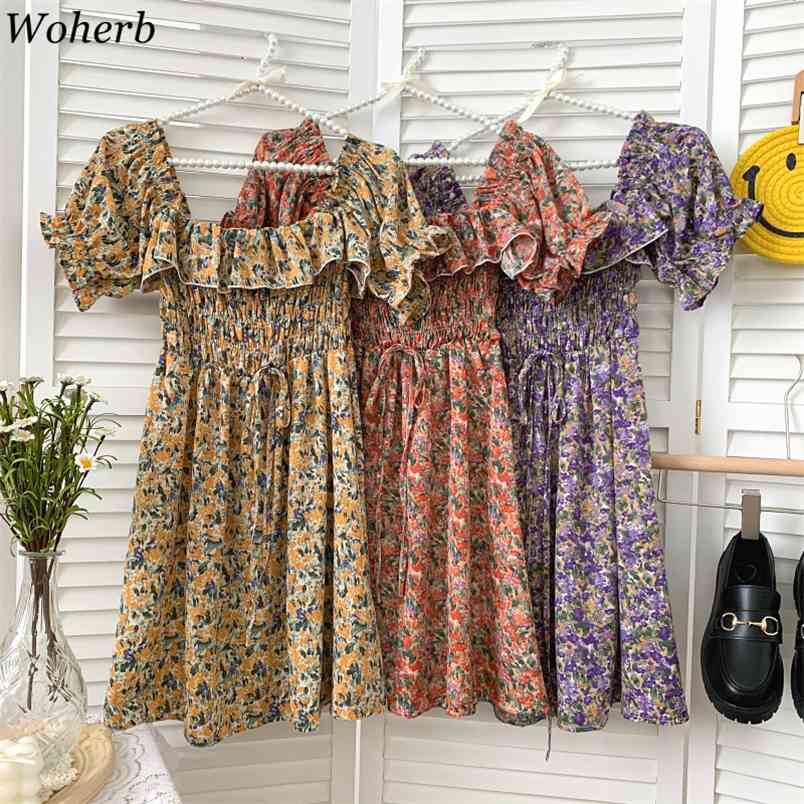 

Chic Floral Print Summer Women Mid-length Dress Short Sleeve Lace-up Slim Waist Elegant Robe A-line Vestidos Femme 210519, Purple
