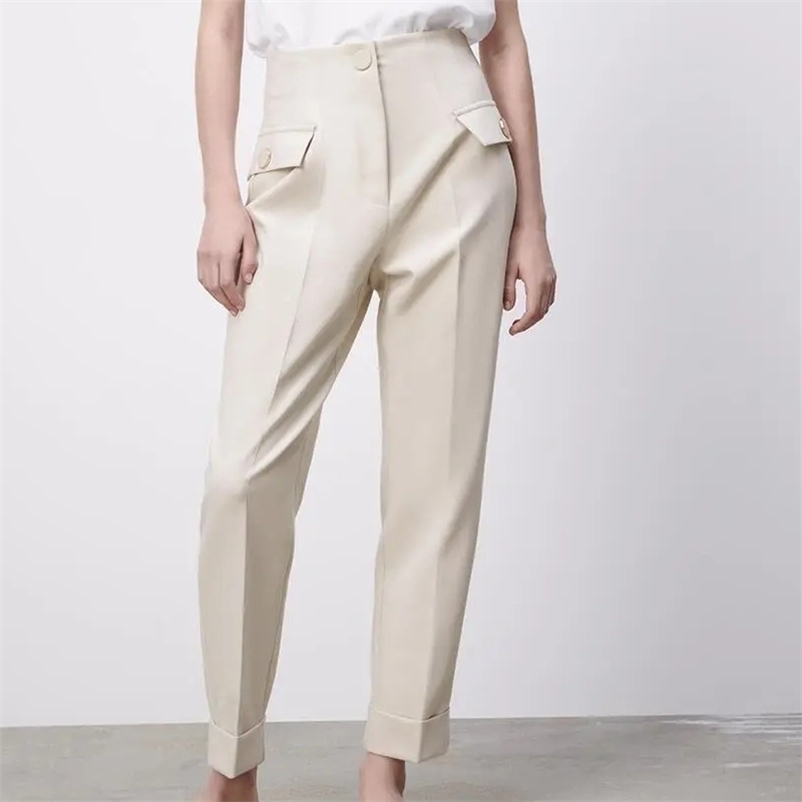 

Spring Summer Women Chiffon cropped trousers with pockets Female high quality chiffon pants 210524, Ivory