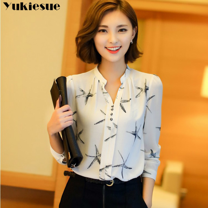 

Summer Blouses Women' Tops Office Work Elegant Chiffon Shirts black Slim Blouse Casual Long Sleeve Plus Size White Shirt 210518