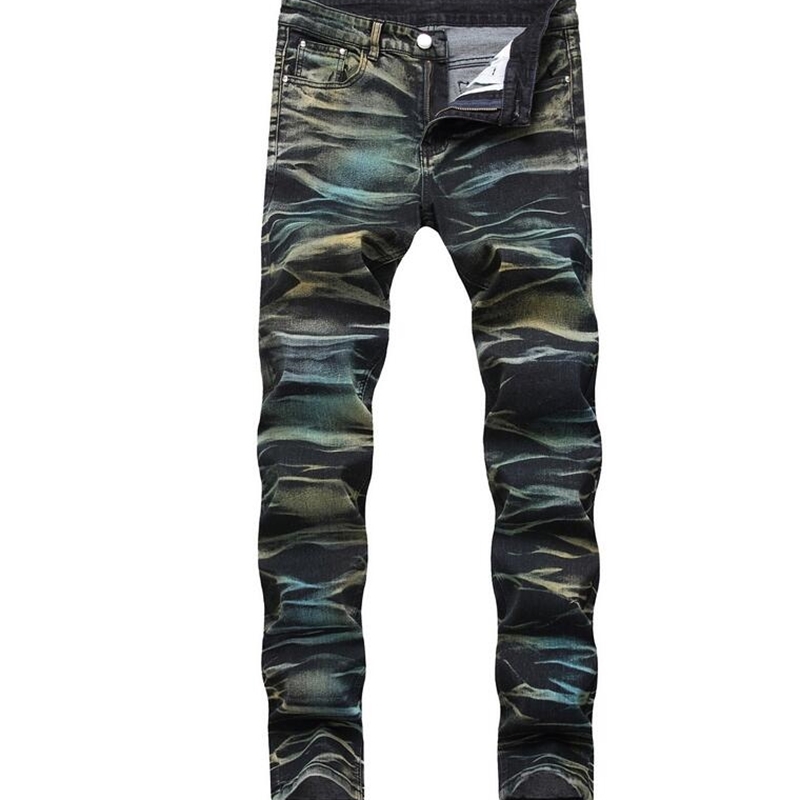 

Mens 3D Painted Elastic Straight Brand Jeans Slim Fit Designer Aurora Color scratched Pencil Biker Bleached Denim Pants Streetwear QKN1922, Blue