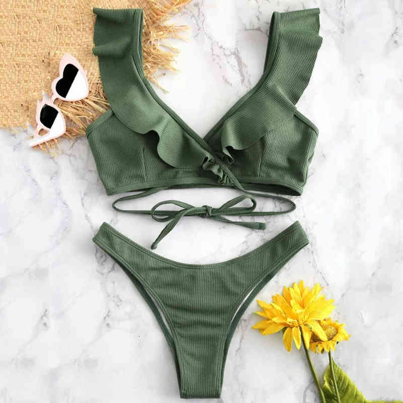 

Women Bikini Set Padded Swimwear High Waist Bathing Solid Two Pieces Bandage Femininas Ruffle Swimsuit Beachwear Mujer yj, White;black