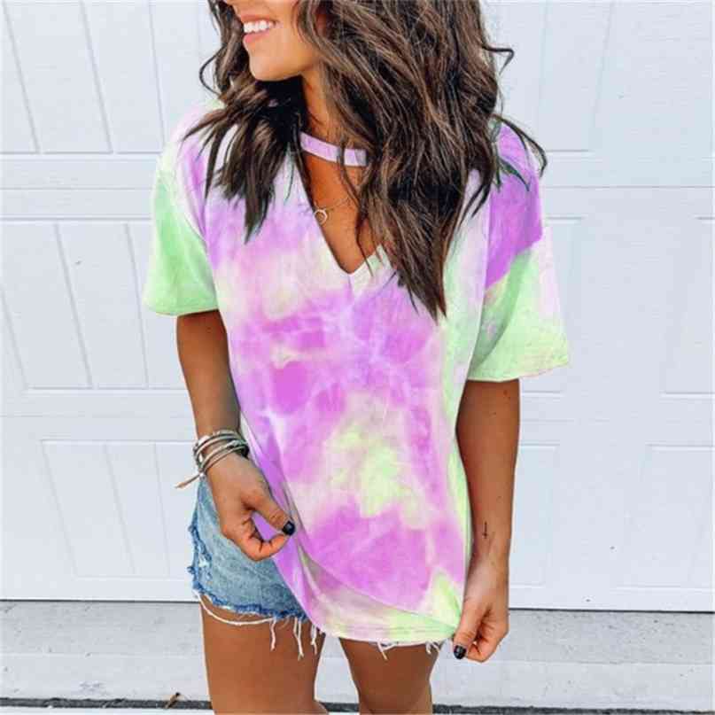 

Hollow Out T-shirt Tie Dye Tops Tee Women Summer Short Sleeve harajuku camiseta mujer tee shirt femme streetwear v-neck 210607, Hotpink