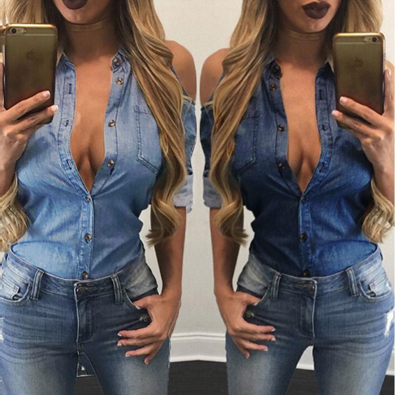 

Women' Blouses & Shirts Fashion Elegant Retro Women Casual Blue Jean Soft Denim Long Sleeve Shirt Tops Blouse, Sky blue