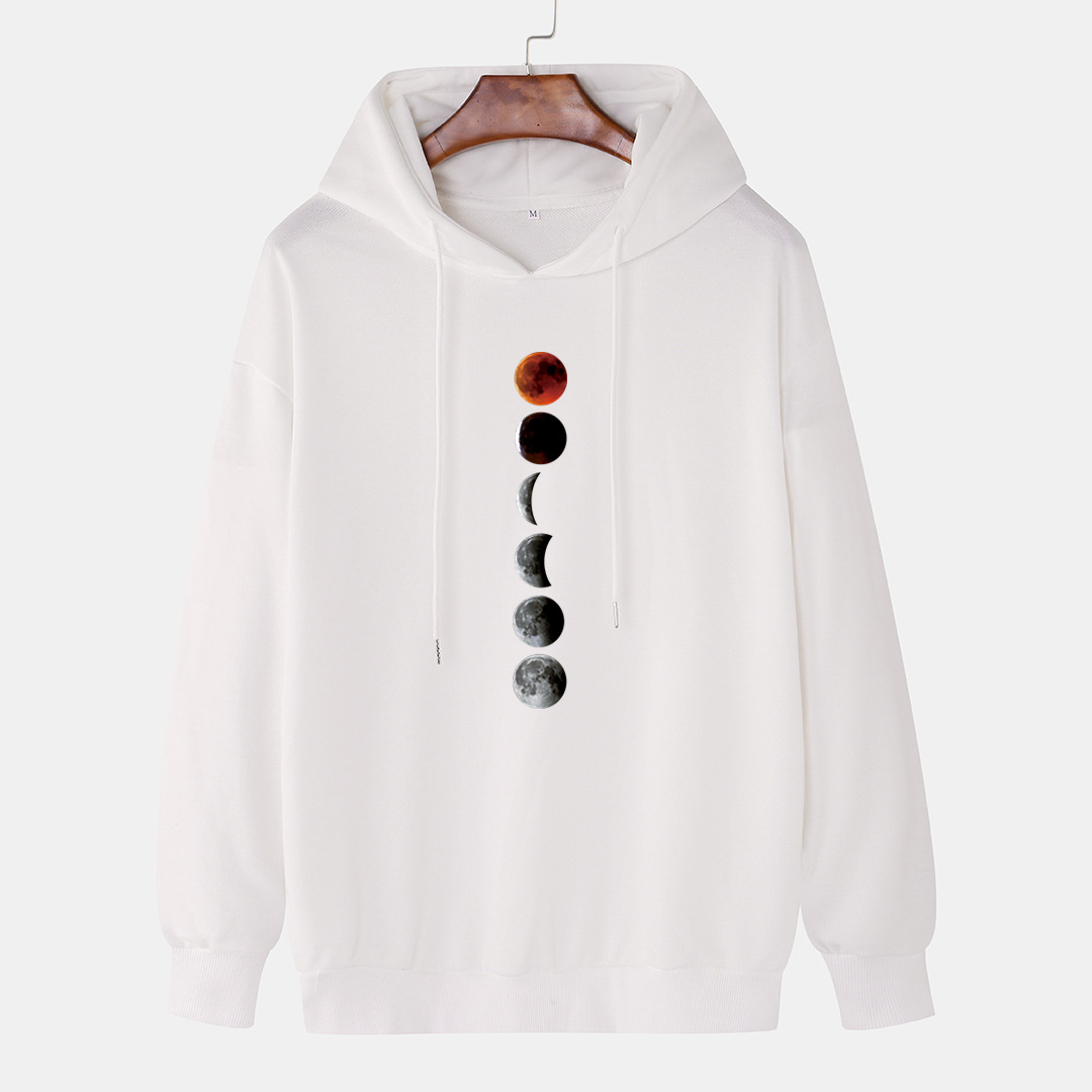 

Couple Hoodie Moon Print Simple Fashion Hooded Sweater Long Sleeve O-neck Casual Loose Jacket Fall/Winter Warm Outer Men's and Women's Clothing, White
