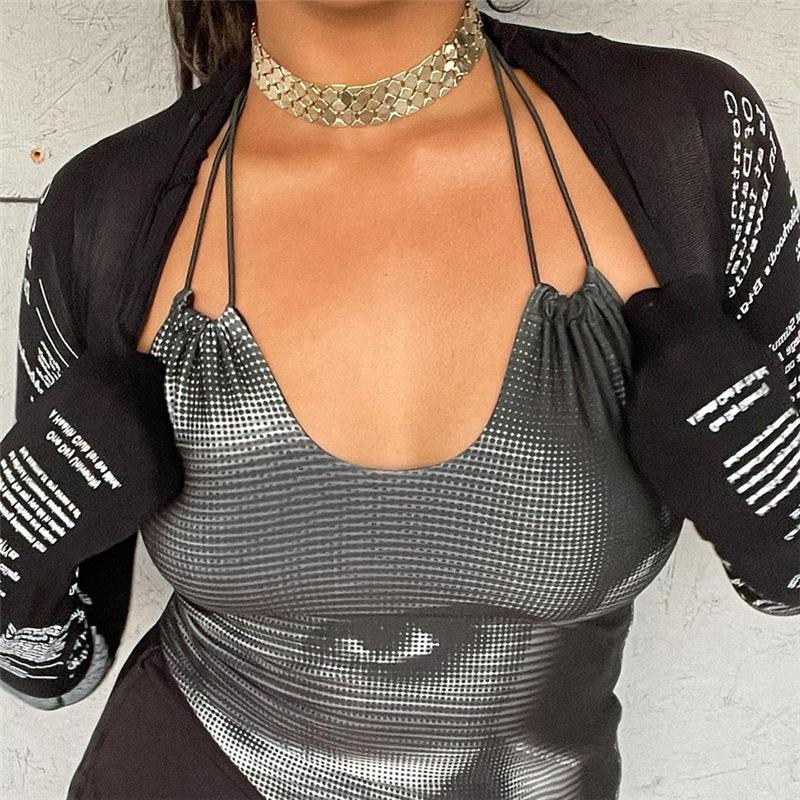 

Women's T-Shirt Hipster Y2K Two Piece Top Women Letter Print Mesh Cardigan Short Jacket+Irregular Shape Bandage Lace Up Vest Streetwear, White